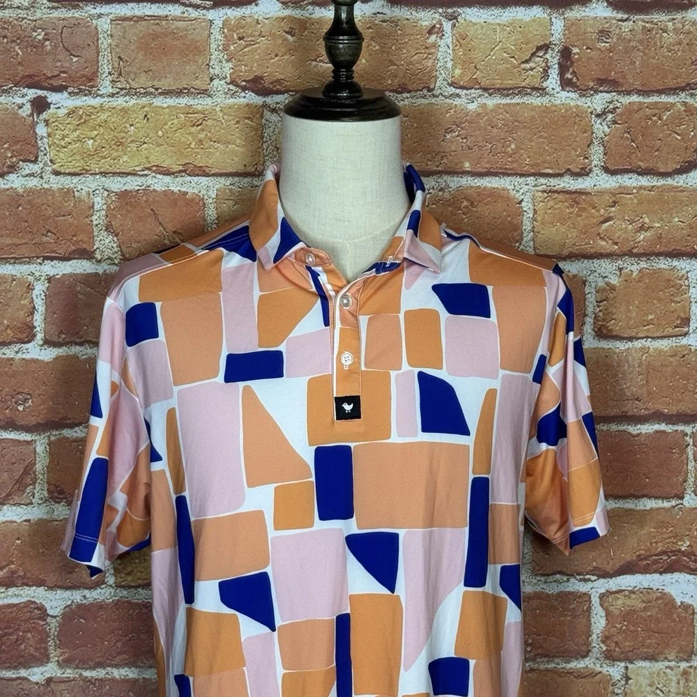 Bad Birdie Catalina 4 Way Stretch Golf Polo Shirt Geometric Orange Men's XL